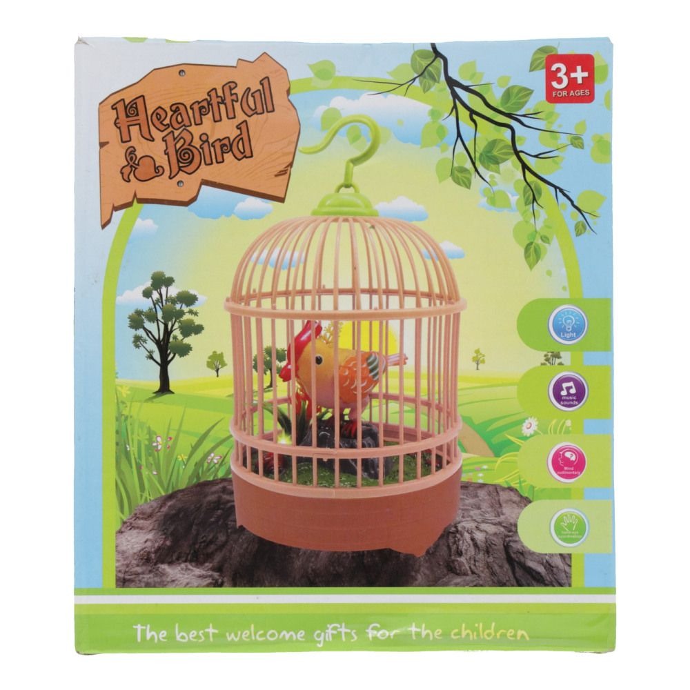 Heartful & Bird Sound Activated Chirping Bird Toy with Cage & Hanging Hook