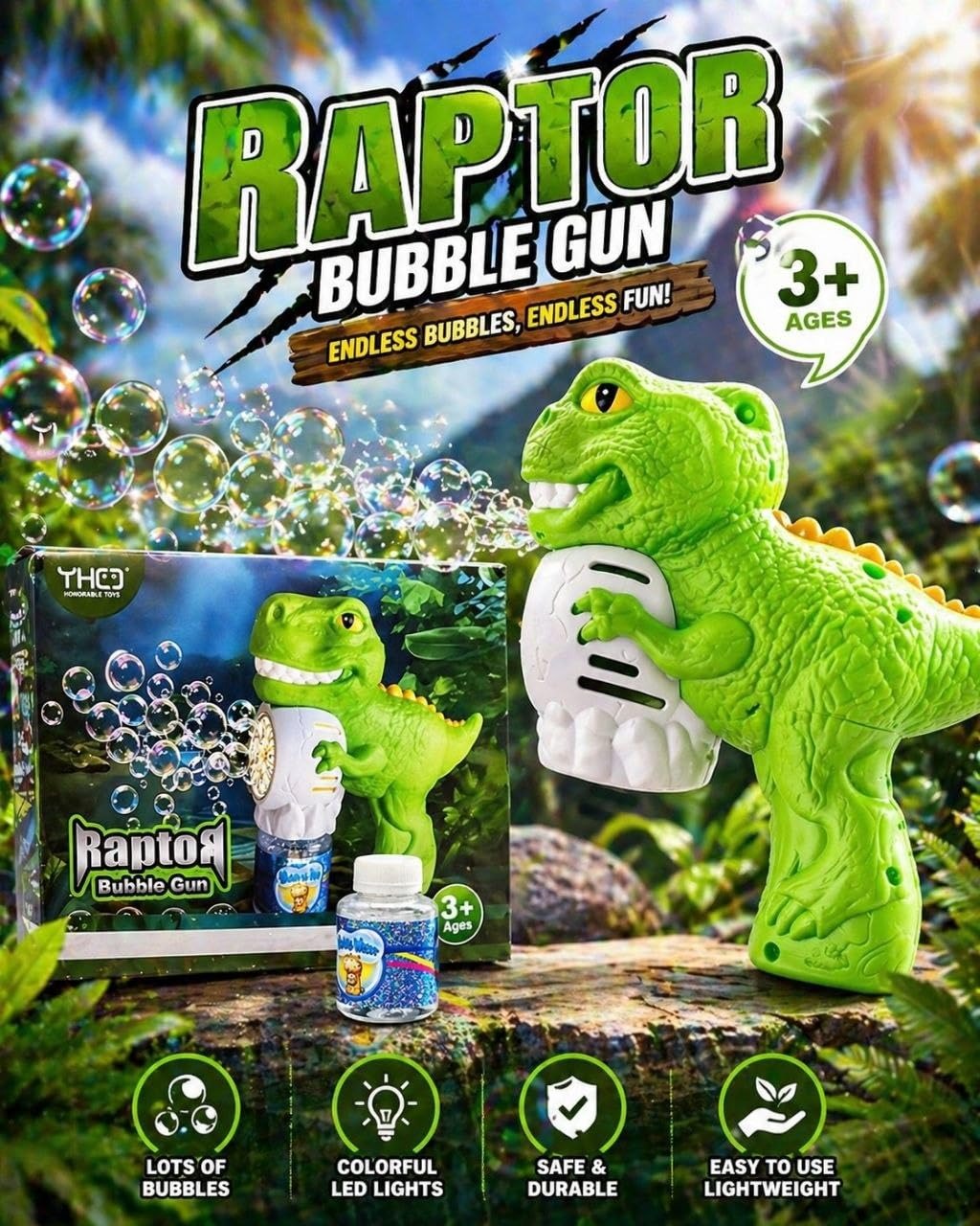 Raptor Dinosaur Automatic Bubble Gun Toy with LED Lights & Solution