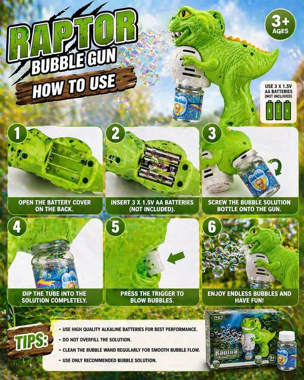 Raptor Dinosaur Automatic Bubble Gun Toy with LED Lights & Solution