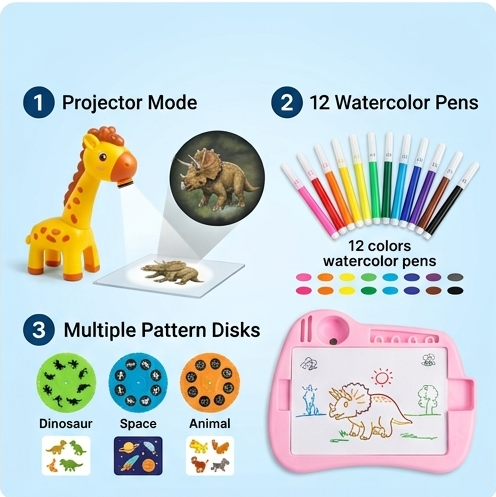 Giraffe Painting Projector Table for Kids – Interactive Drawing Desk with Light, Music & 12 Color Pens